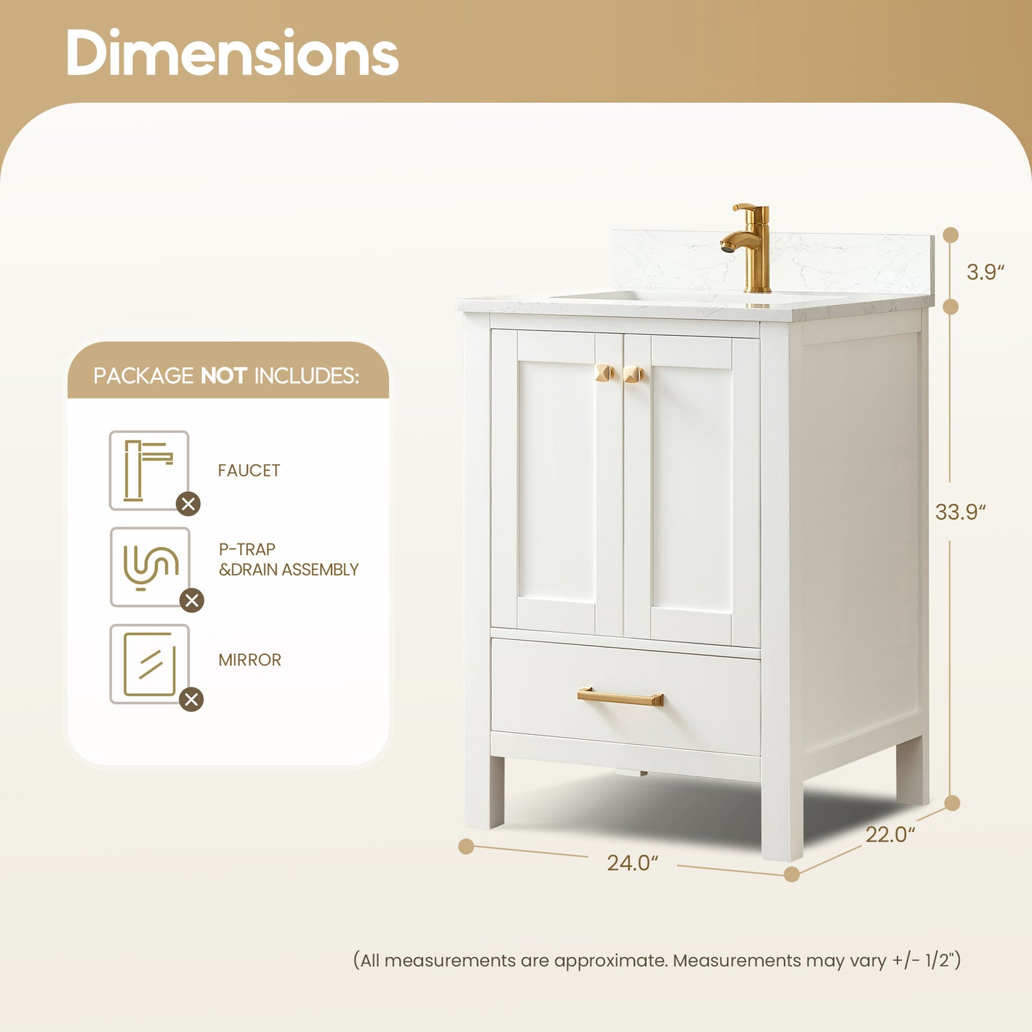 Vinnova, Shannon 24" Single Vanity in White and Composite White Carrara Stone Countertop