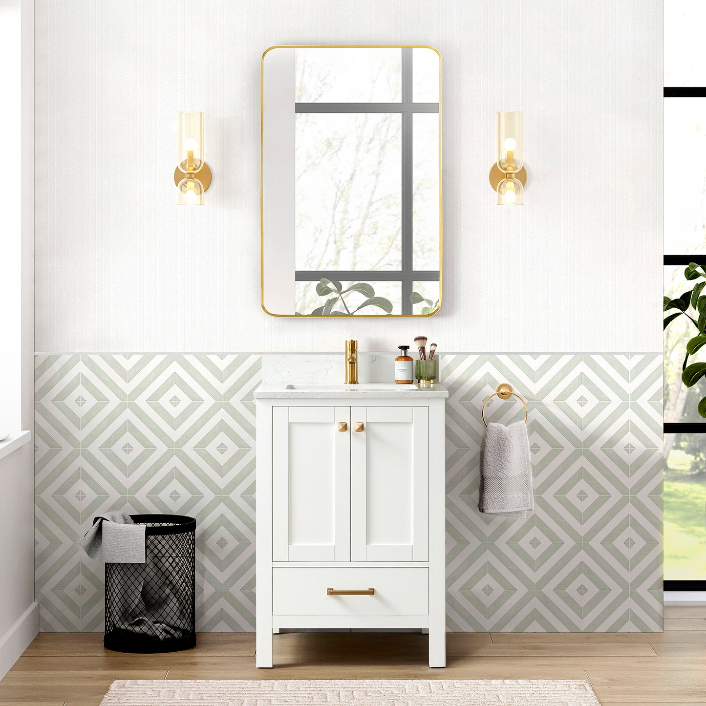Vinnova, Shannon 24" Single Vanity in White and Composite White Carrara Stone Countertop and Mirror