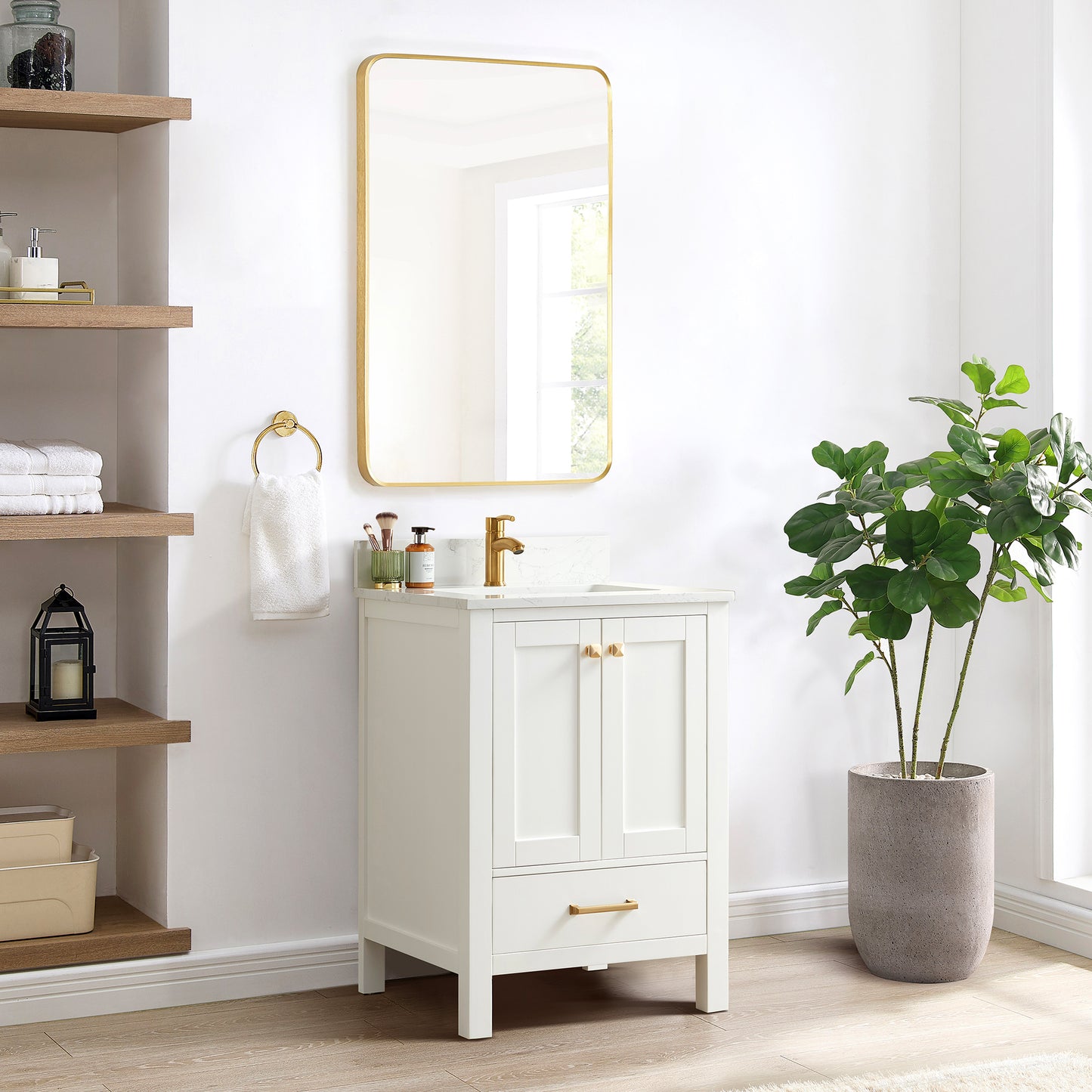 Vinnova, Shannon 24" Single Vanity in White and Composite White Carrara Stone Countertop and Mirror