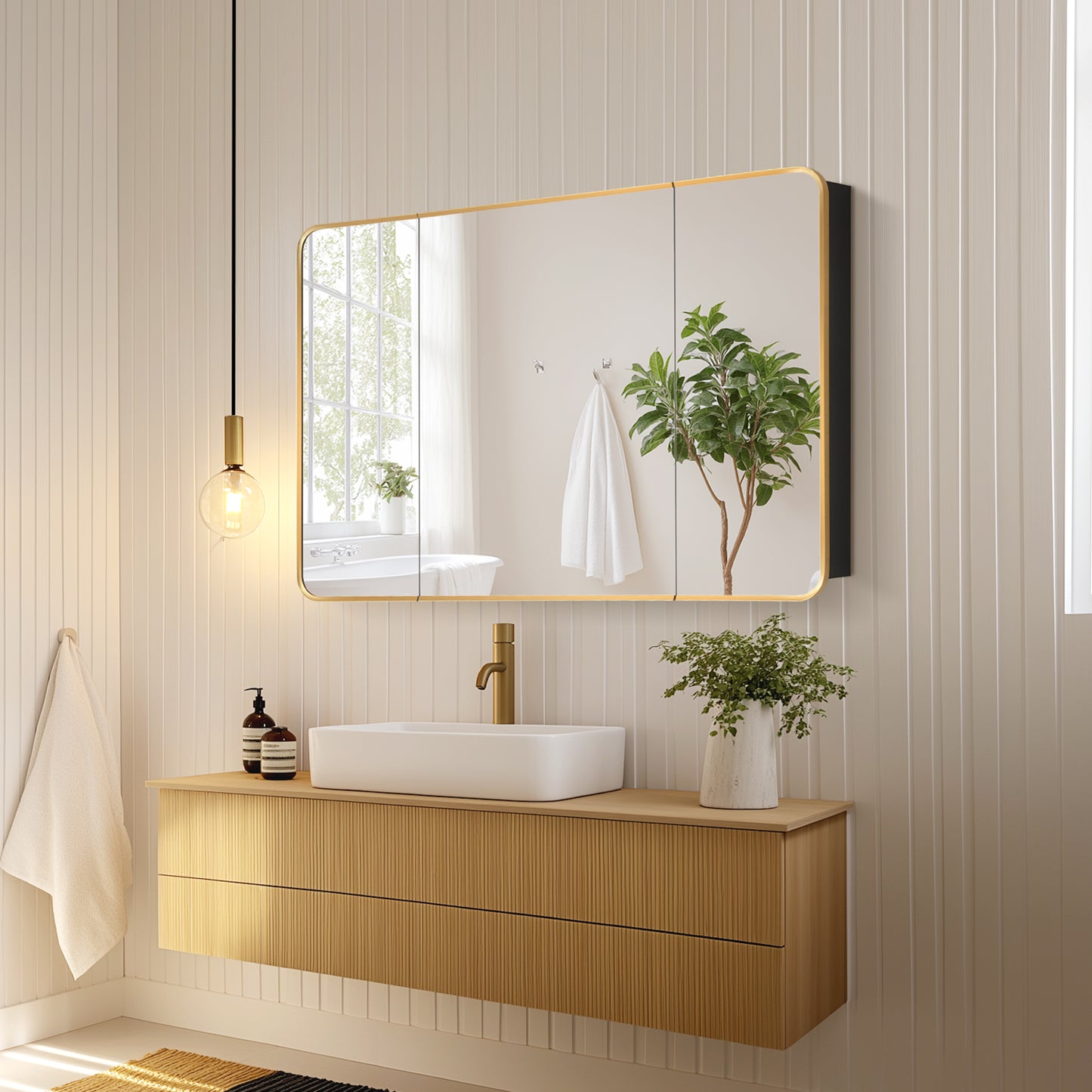 Vinnova, Talayuela 48 in. W x 32 in. H Rectangular Aluminum Framed Medicine Cabinet in Brushed Gold