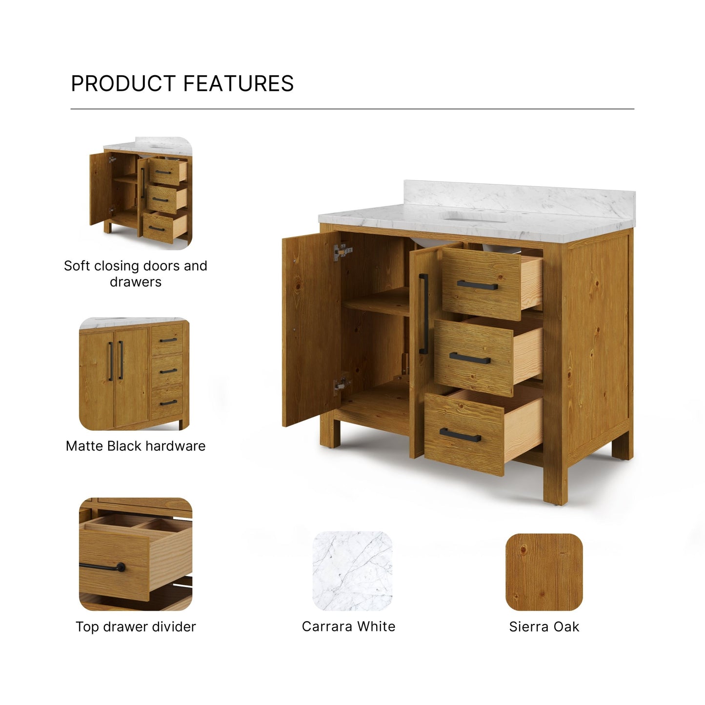 Dino 42 in. Single Sink Freestanding Sierra Oak Bath Vanity with Cararara White Engineered Marble Top (Assembled) | Water Creation
