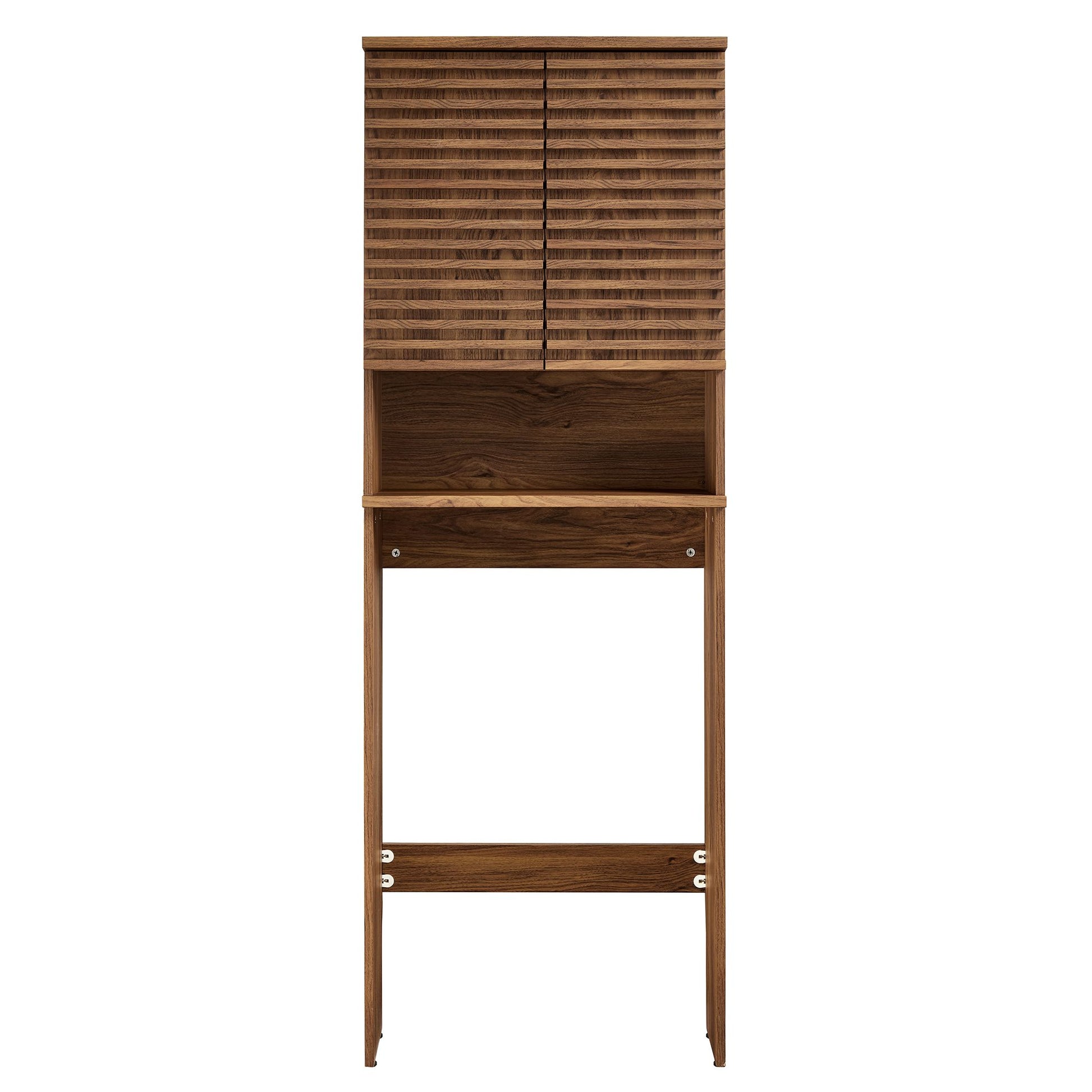 Modway, Render Over the Toilet Bathroom Storage Cabinet with slatted doors and open shelf design.