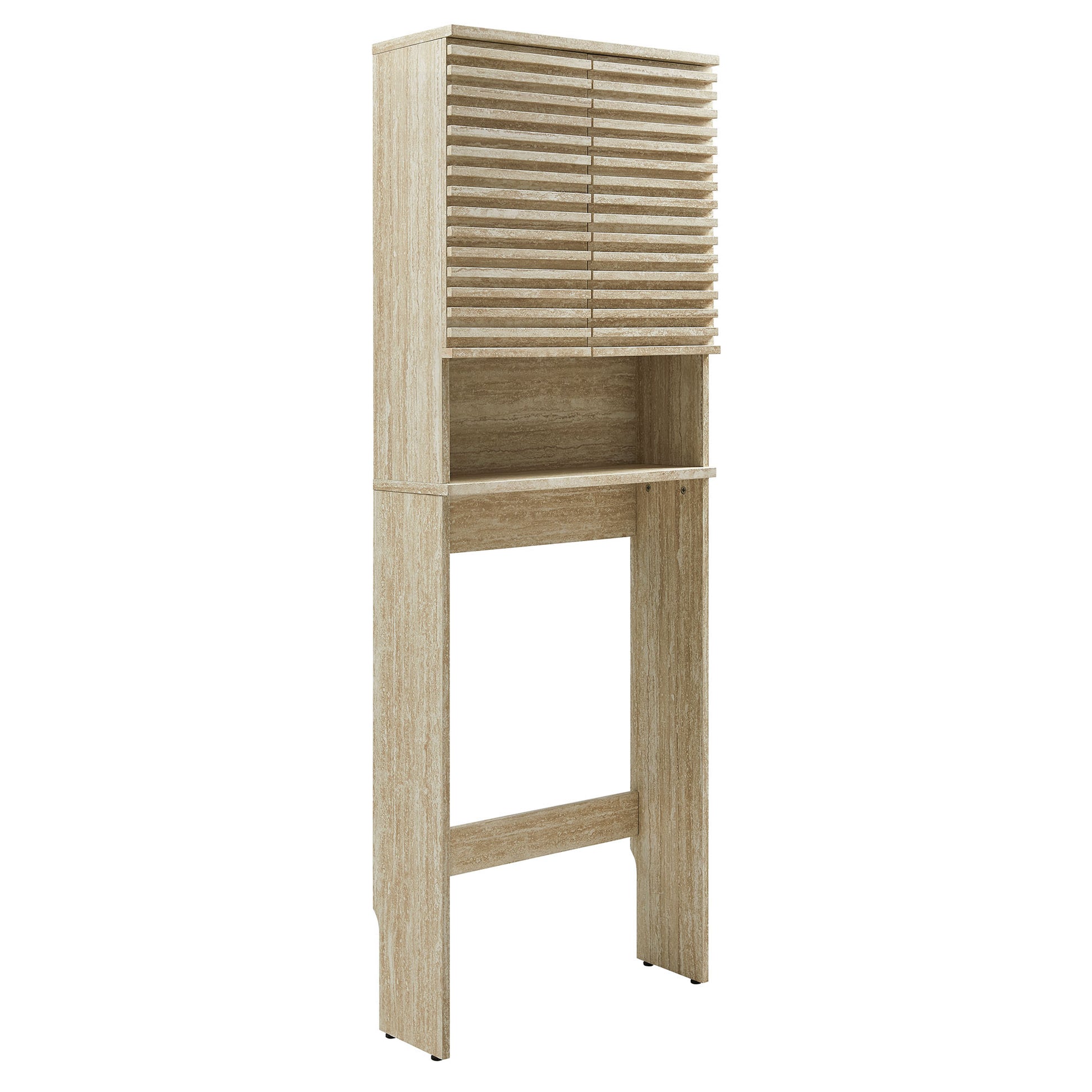 Modway, Render Over the Toilet Faux Travertine Bathroom Storage Cabinet with slatted doors and open shelf.