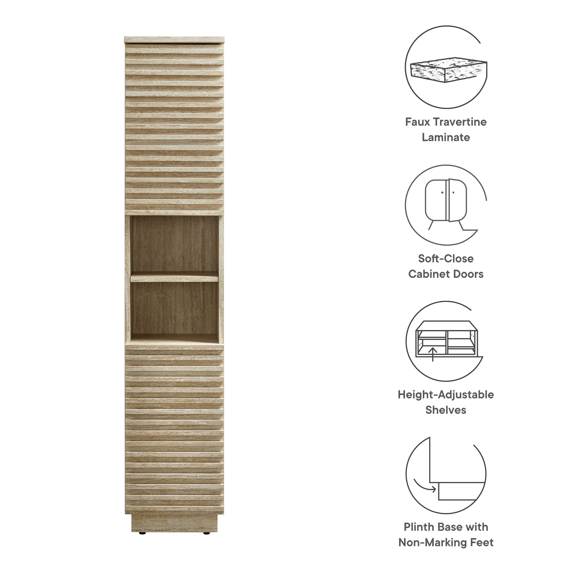 Modway, Render Tall Narrow Faux Travertine Linen Storage Cabinet showcasing slatted design and soft-close doors.