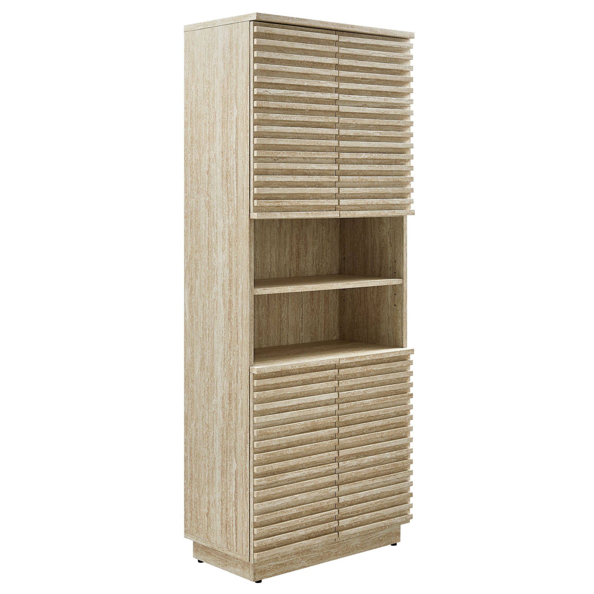 Modway, Render Tall Faux Travertine Linen Storage Cabinet with slatted doors and open shelves.