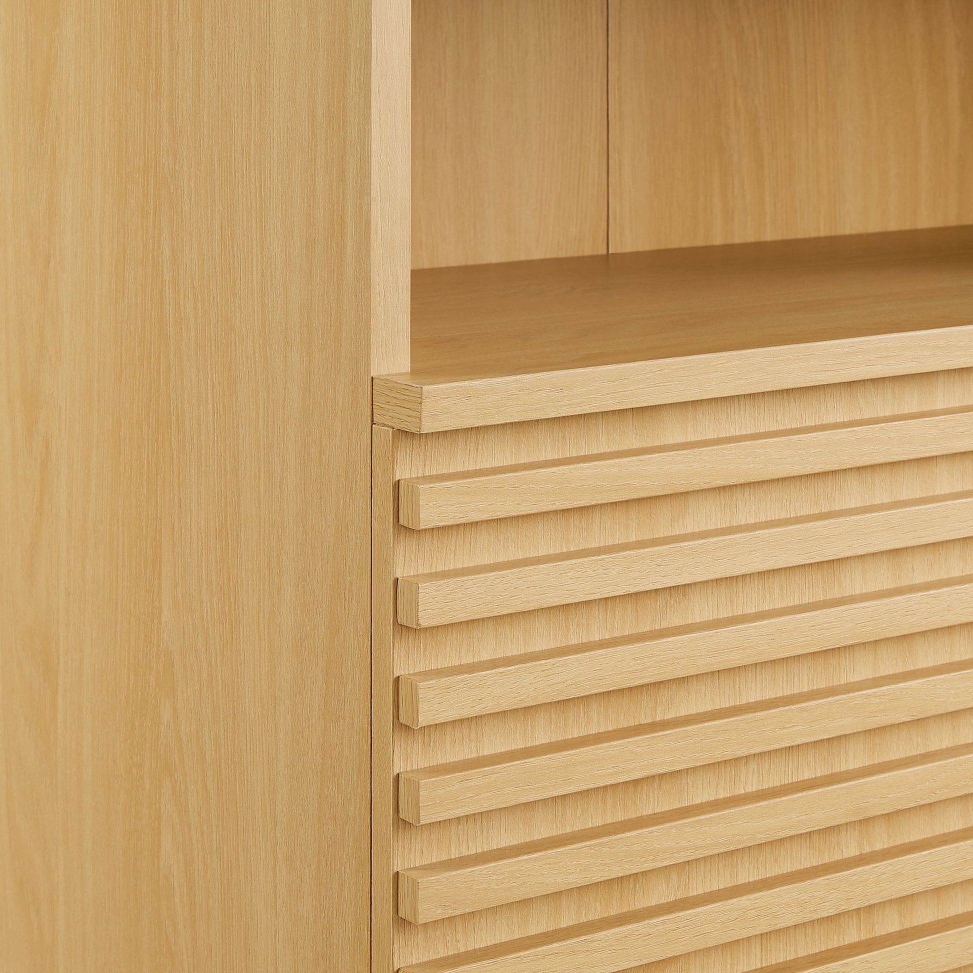 Modway, Render Freestanding Bathroom Storage Cabinet with grooved slatted doors and natural wood-look finish.