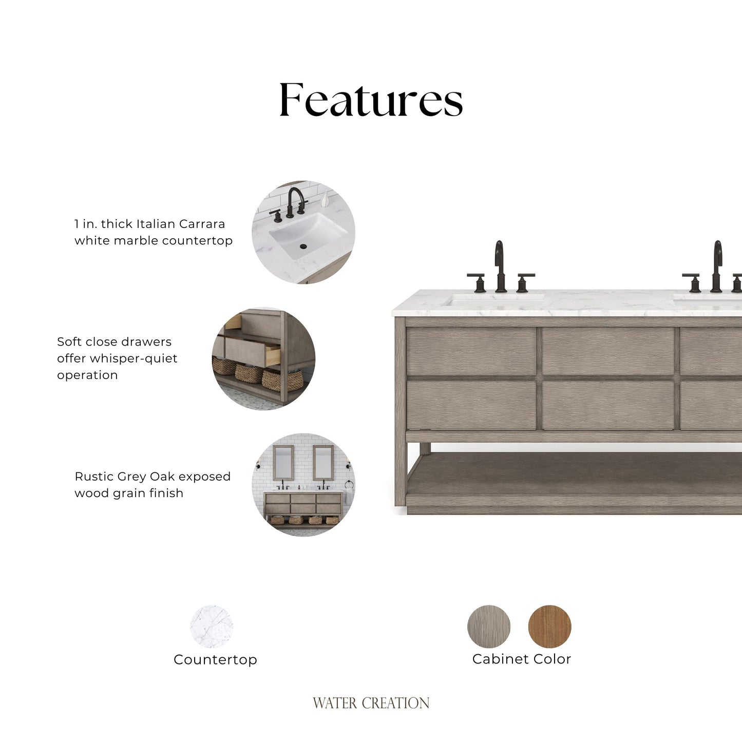 Oakman 72 in. x34.3 in. H Bath Vanity in Grey Oak with Marble Top with White Basin | Water Creation