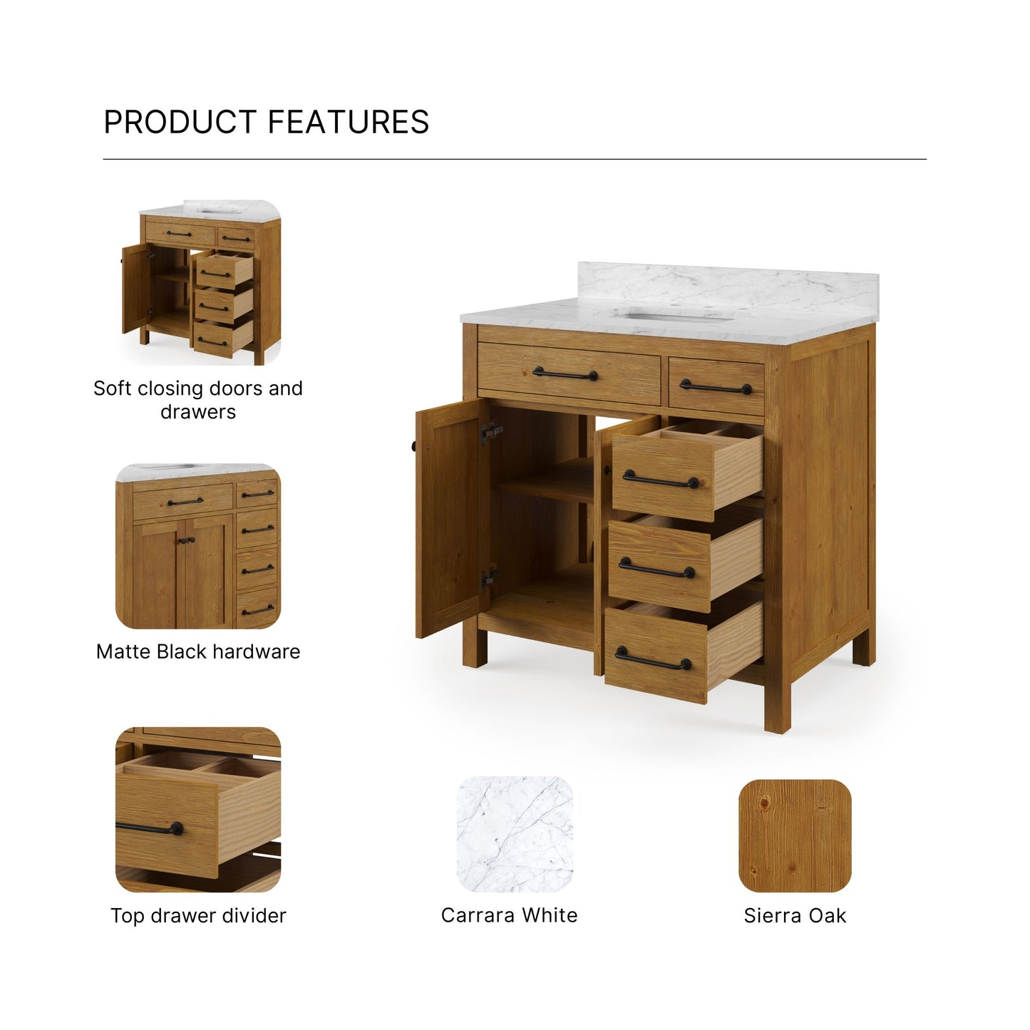 Pista 36 in. Single Sink Freestanding Sierra Oak Bath Vanity with Cararara White Engineered Marble Top (Assembled) | Water Creation