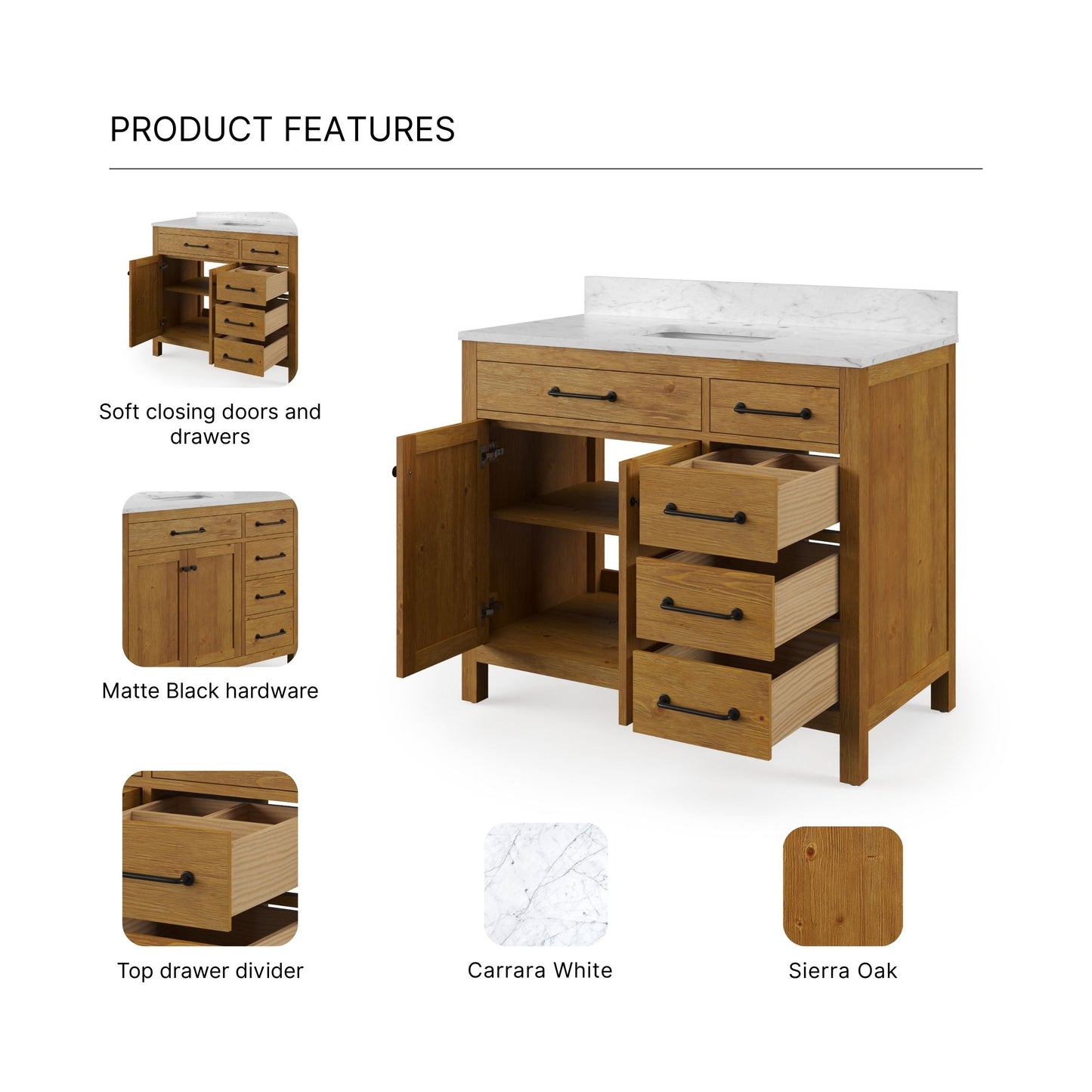 Pista 42 in. Single Sink Freestanding Sierra Oak Bath Vanity with Cararara White Engineered Marble Top (Assembled) | Water Creation