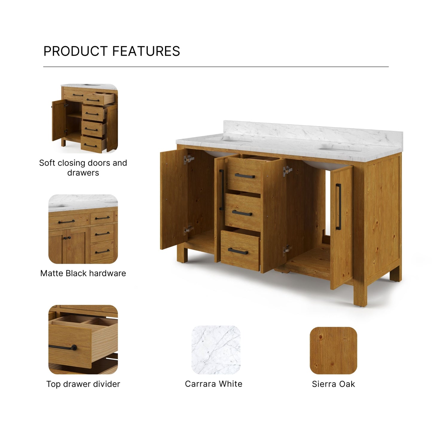 Pista 60 in. Double Sink Freestanding Sierra Oak Bath Vanity with Cararara White Engineered Marble Top (Assembled) | Water Creation