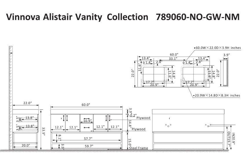 Vinnova, Alistair 60" Double Vanity in North American Oak with White Grain Stone Countertop Without Mirror