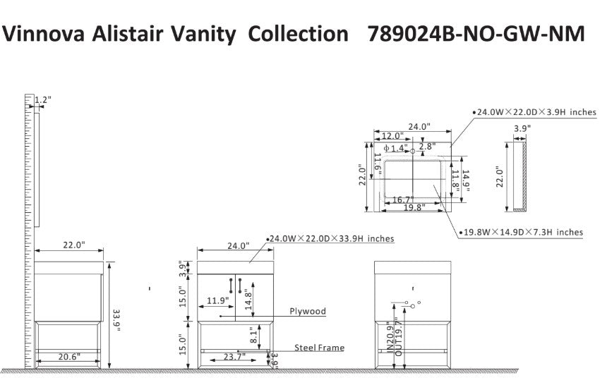 Vinnova, Alistair 24B" Single Vanity in North American Oak with White Grain Stone Countertop Without Mirror