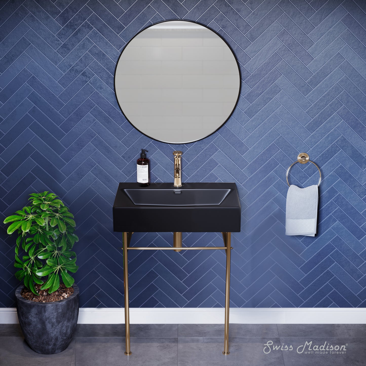 Swiss Madison, Claire 24 Ceramic Console Sink Matte Black Basin Black Legs