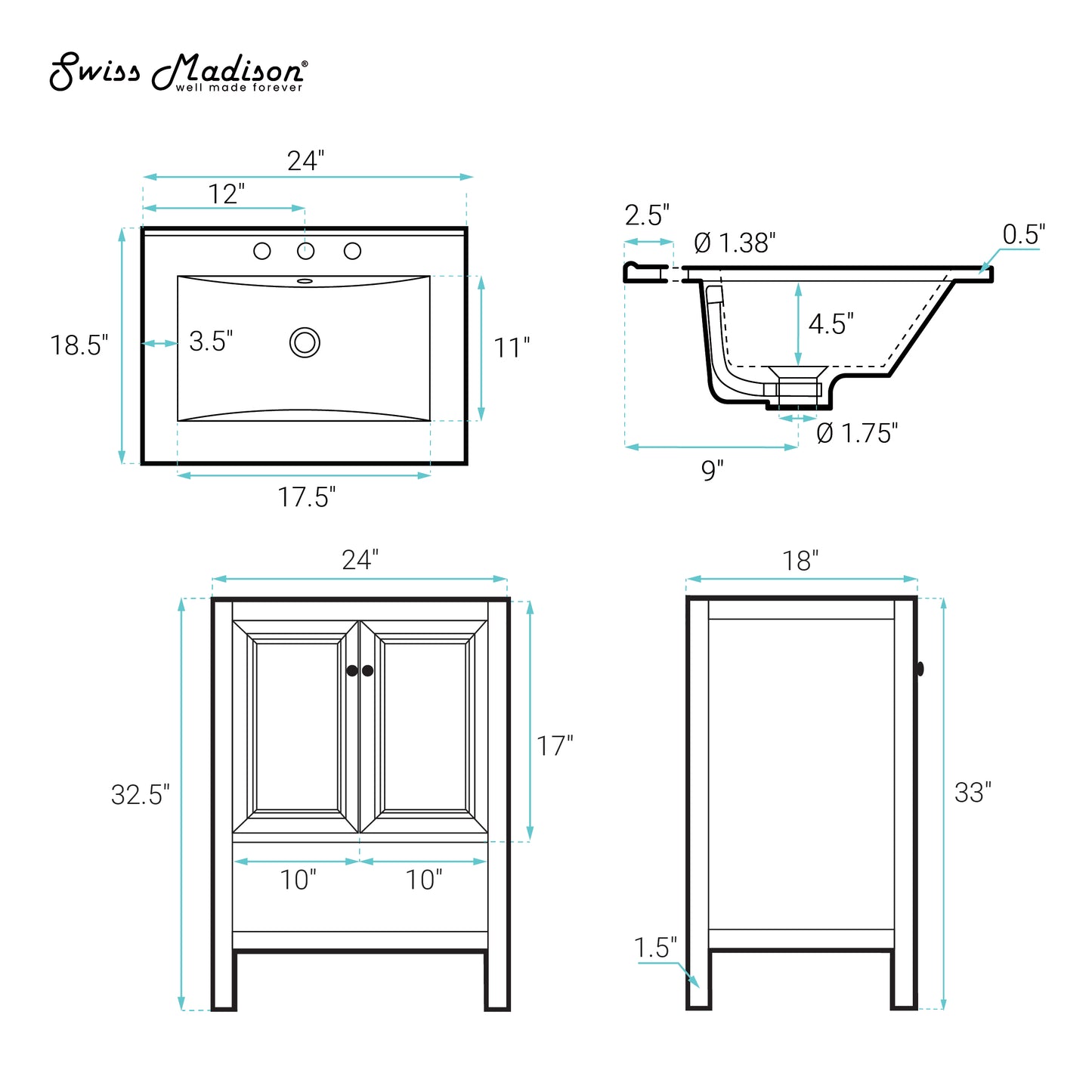 Swiss Madison, Chateau 24" Freestanding Bathroom Vanity in Black Oak with 3-Hole Widespread Sink Top