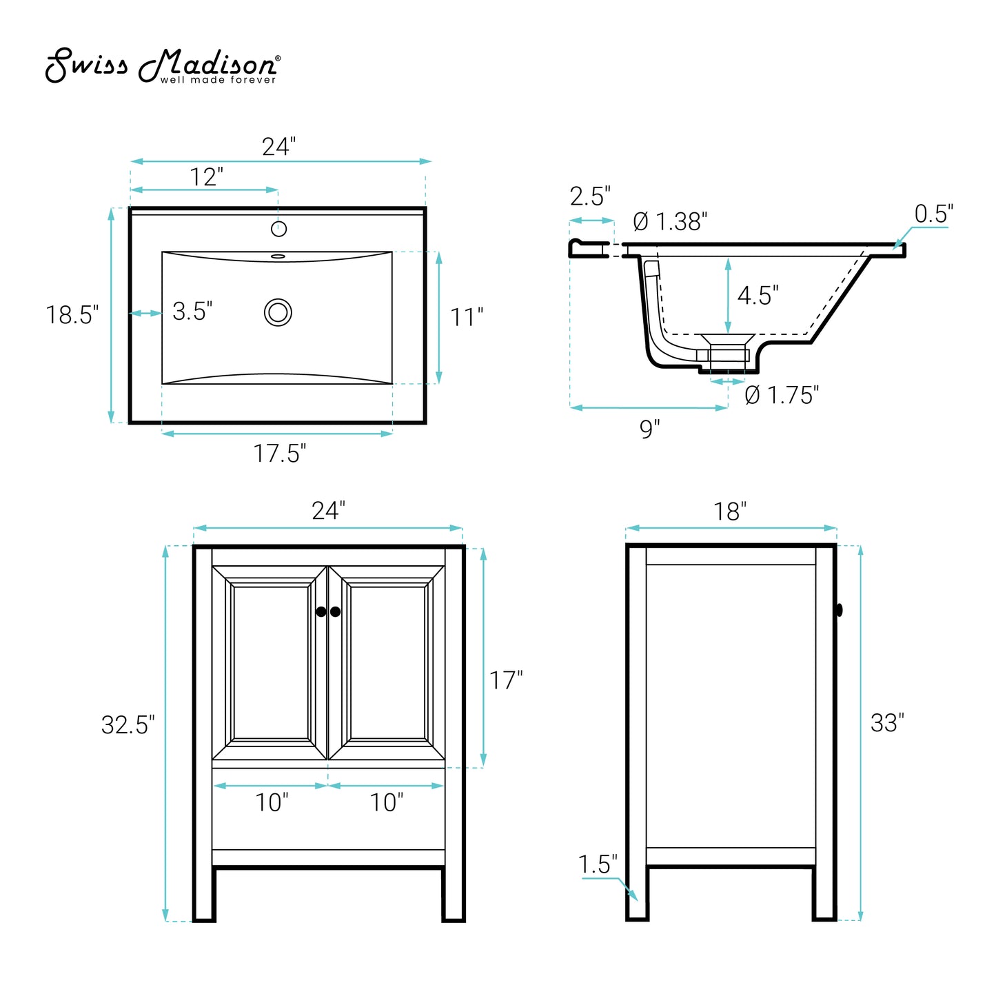 Swiss Madison, Chateau 24" Freestanding Bathroom Vanity in Black Oak with Black Sink Top