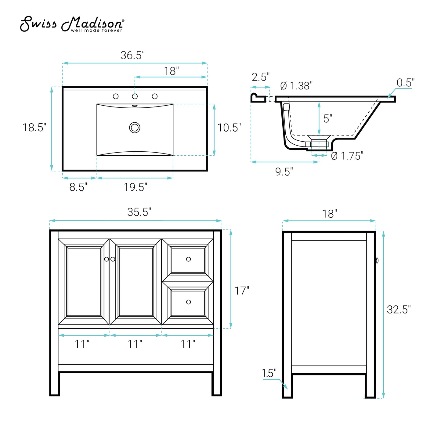 Swiss Madison, Chateau 36" Freestanding Bathroom Vanity in Black Oak with Black 3-Hole Widespread Sink Top