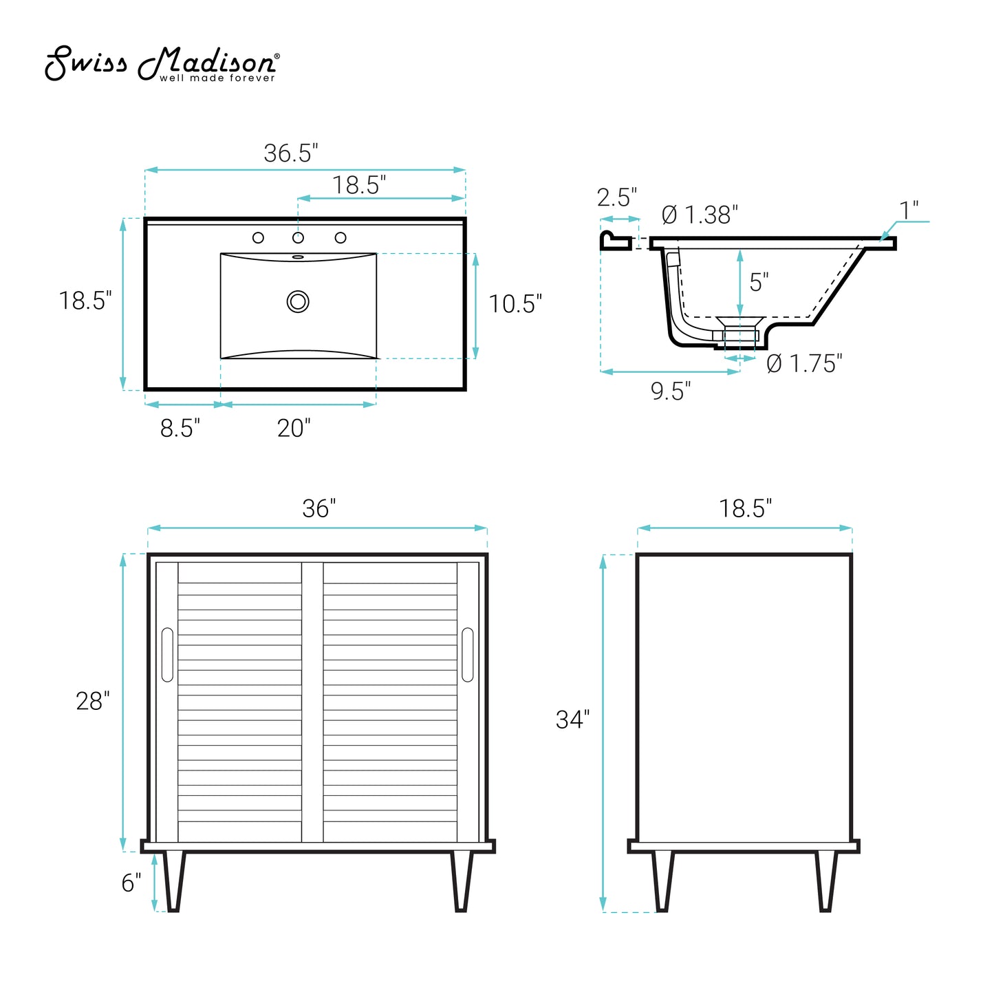 Swiss Madison, Delice 36" Freestanding Bathroom Vanity in Natural Oak with 3-Hole Widespread Sink Top