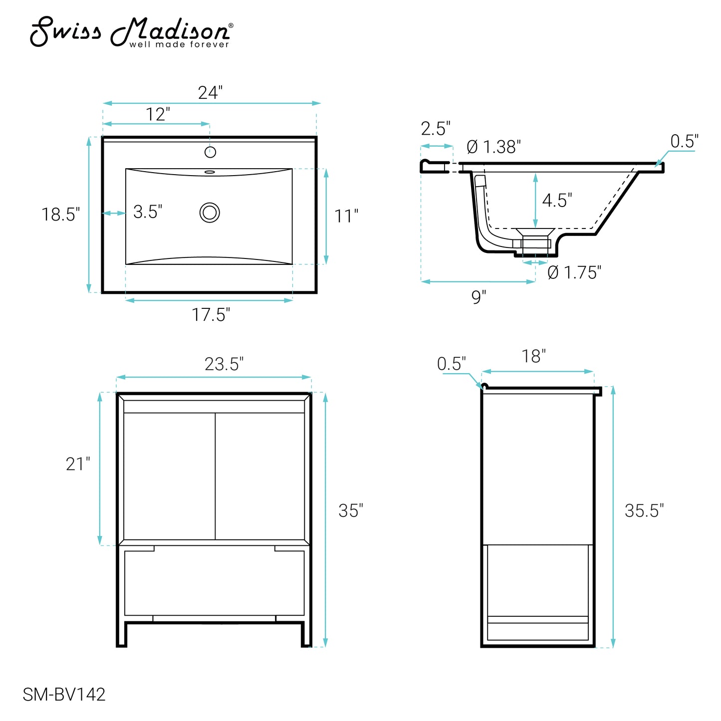 Swiss Madison, Marseille 24 Single, Two Doors, Open Shelf Bathroom Vanity