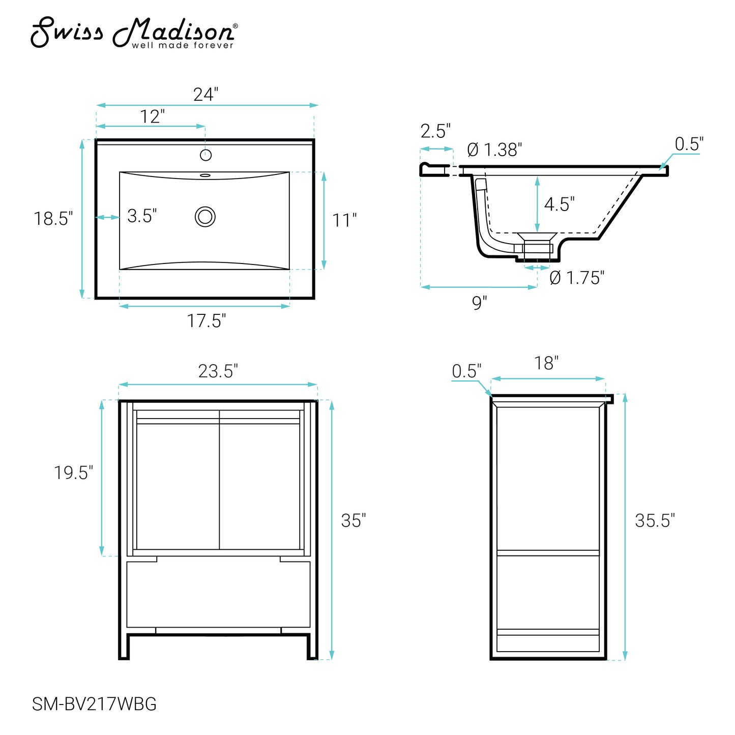 Swiss Madison, Marseille 24" Bathroom Vanity in White and Brushed Gold