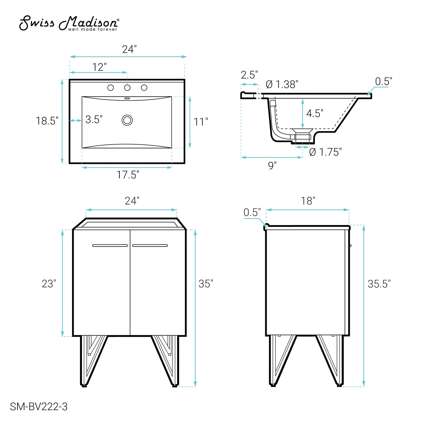 Swiss Madison, Annecy 24 in. Black Walnut Bathroom Vanity With White, 3-Hole Ceramic Sink Top