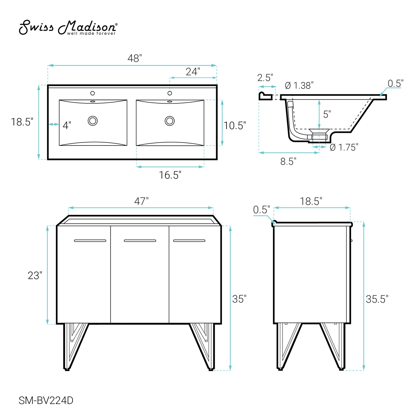 Swiss Madison, Annecy 48 in. Black Walnut, Double Basin Bathroom Vanity With White Ceramic Sink Top