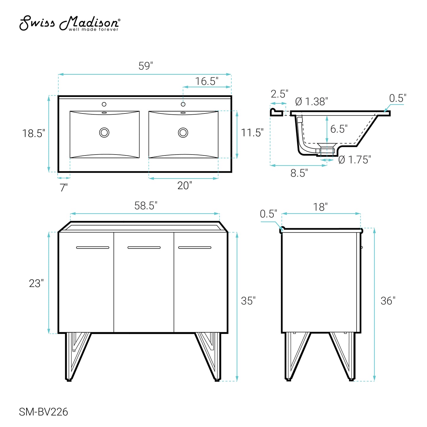 Swiss Madison, Annecy 60" Freestanding Bathroom Vanity in Black Walnut with Sink Top