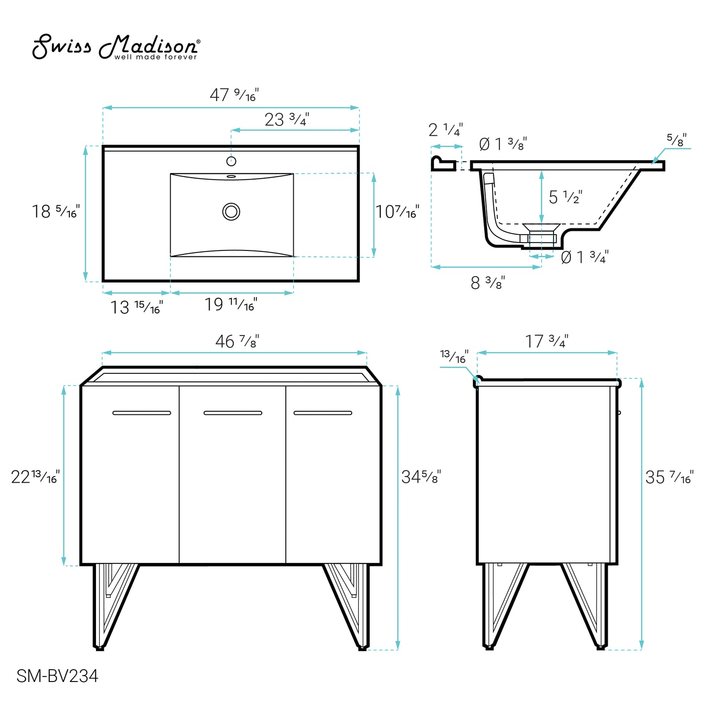 Swiss Madison, Annecy 48" Freestanding Bathroom Vanity in Gray with Sink Top