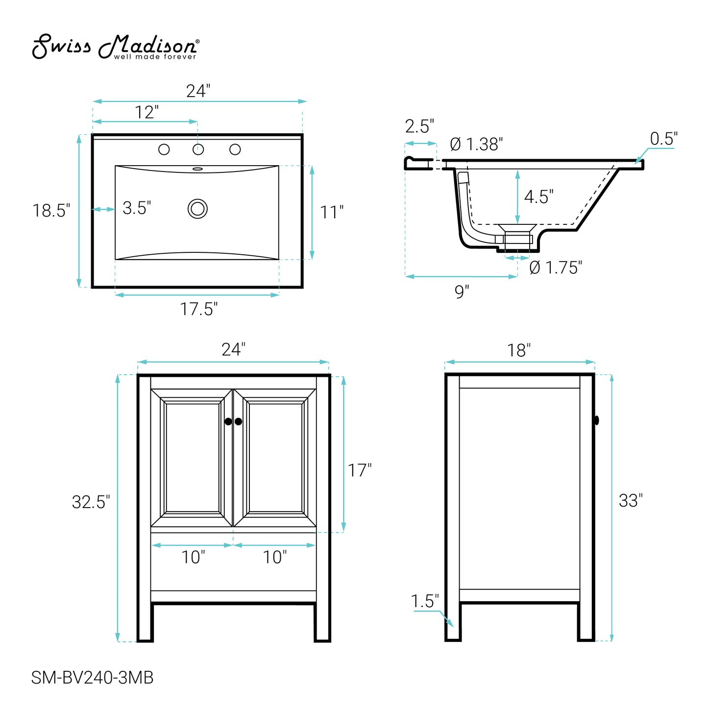 Swiss Madison, Chateau 24" Freestanding Bathroom Vanity in Golden Oak with Black 3-Hole Centerset Sink Top