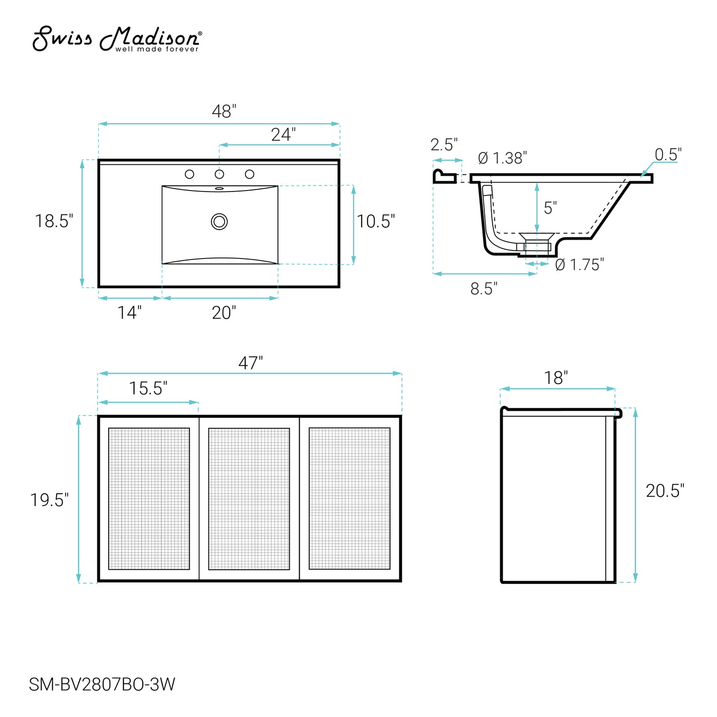 Swiss Madison, Classe 48" Wall-Mounted Bathroom Vanity in Brown Oak with 3-Hole Widespread Sink Top