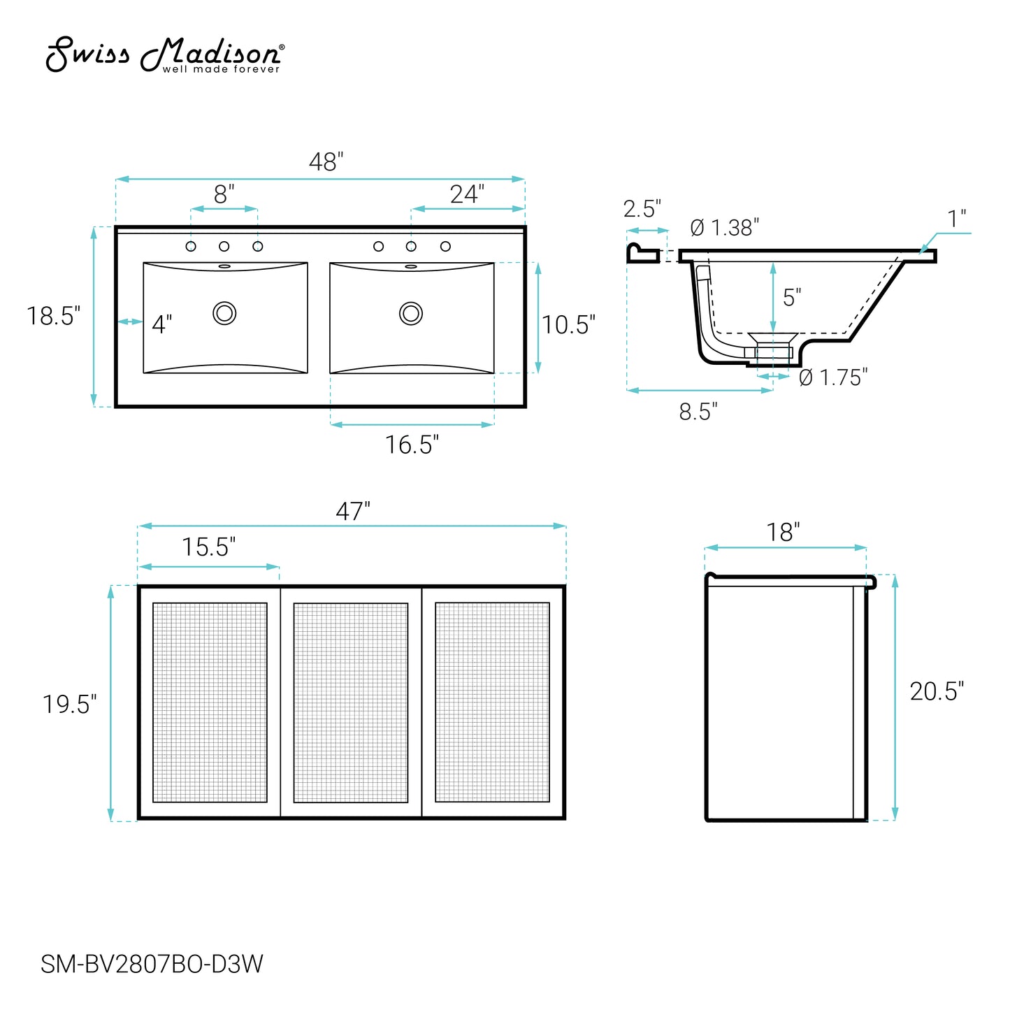 Swiss Madison, Classe 48" Wall-Mounted Bathroom Vanity in Brown Oak with 3-Hole Widespread Double Basin Sink Top