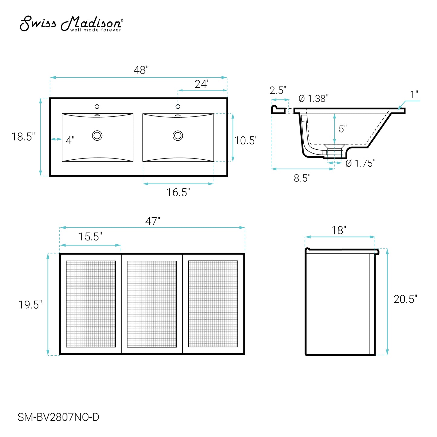 Swiss Madison, Classe 48" Wall-Mounted Bathroom Vanity in Natural Oak with Double Basin Sink Top