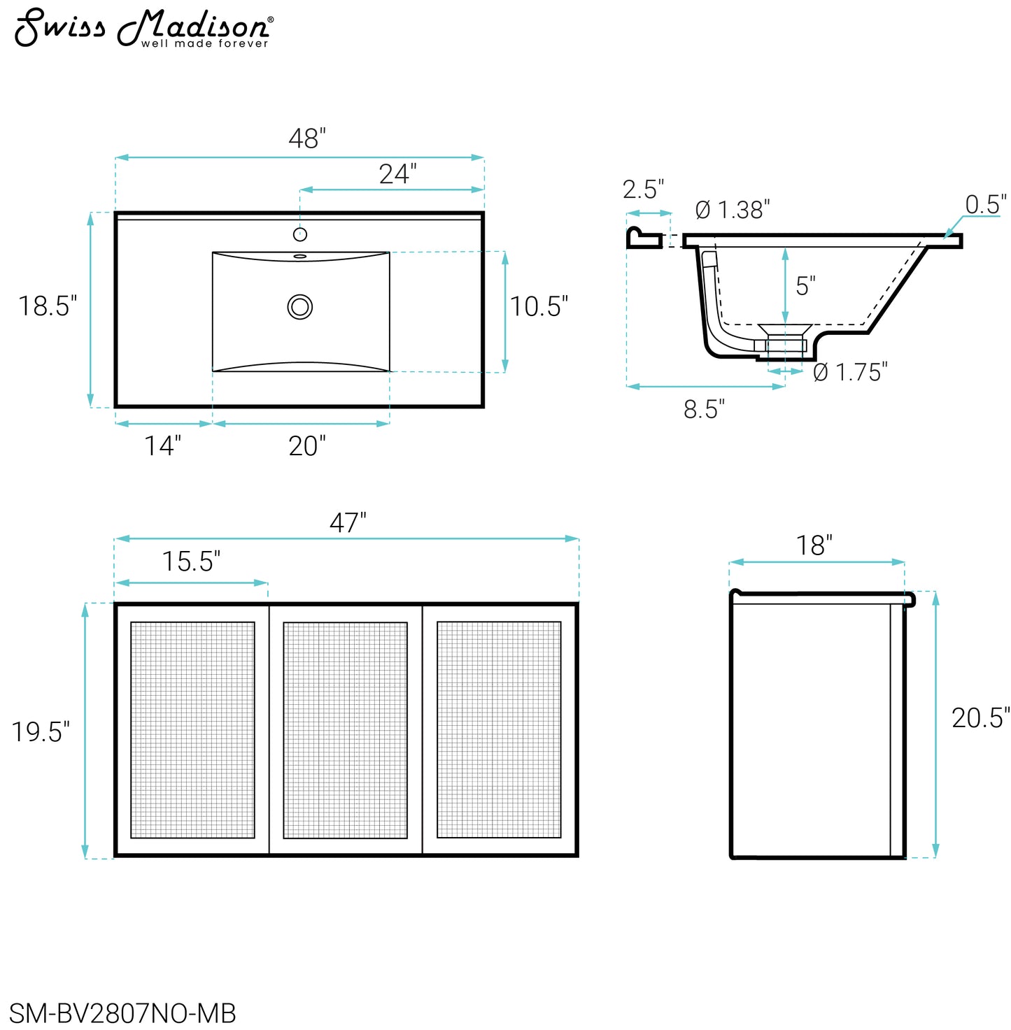 Swiss Madison, Classe 48" Wall-Mounted Bathroom Vanity in Natural Oak with Black Sink Top