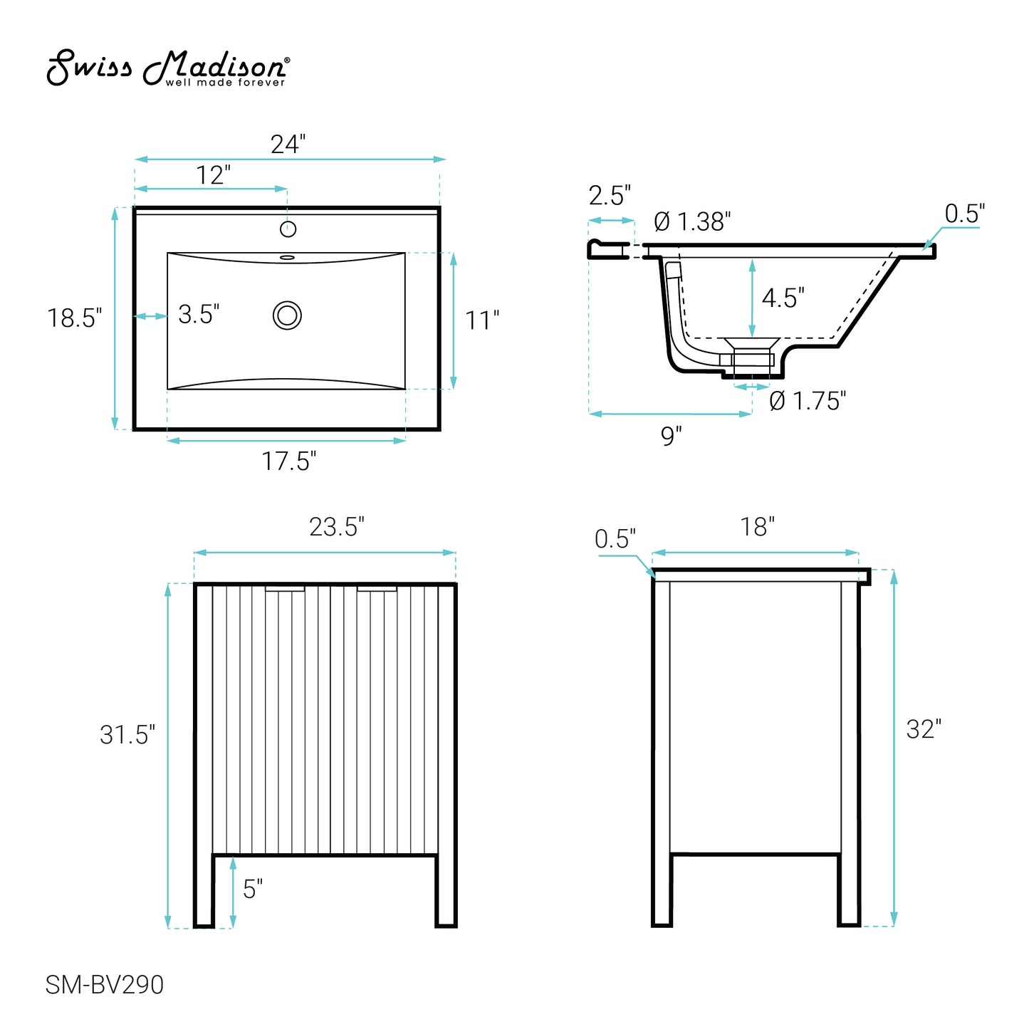 Swiss Madison, Bastille 24" Freestanding Bathroom Vanity in White with Sink Top