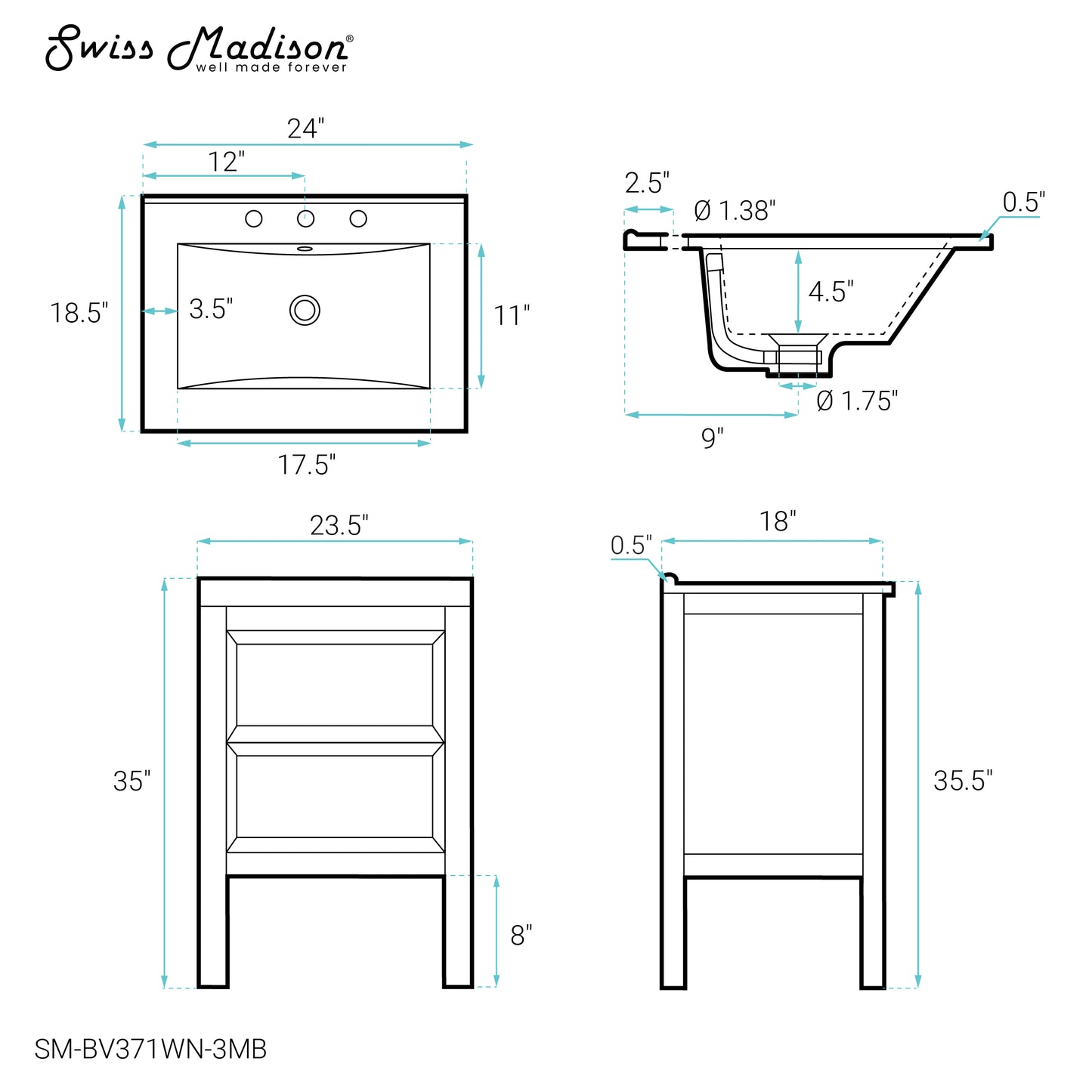 Swiss Madison, Nadar 24 in. Brown Walnut Bathroom Vanity With Black, 3-Hole Ceramic Sink Top