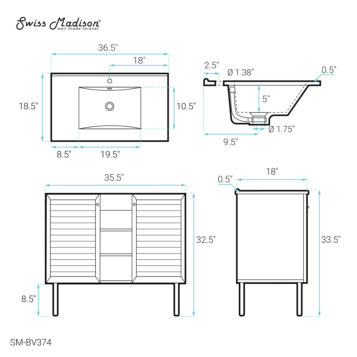 Swiss Madison, Bron 36" Freestanding Bathroom Vanity in Golden Oak with Sink Top