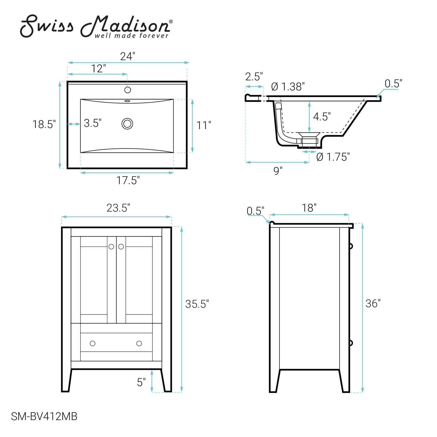Swiss Madison, Cannes 24 in. White Bathroom Vanity With Black Ceramic Sink Top