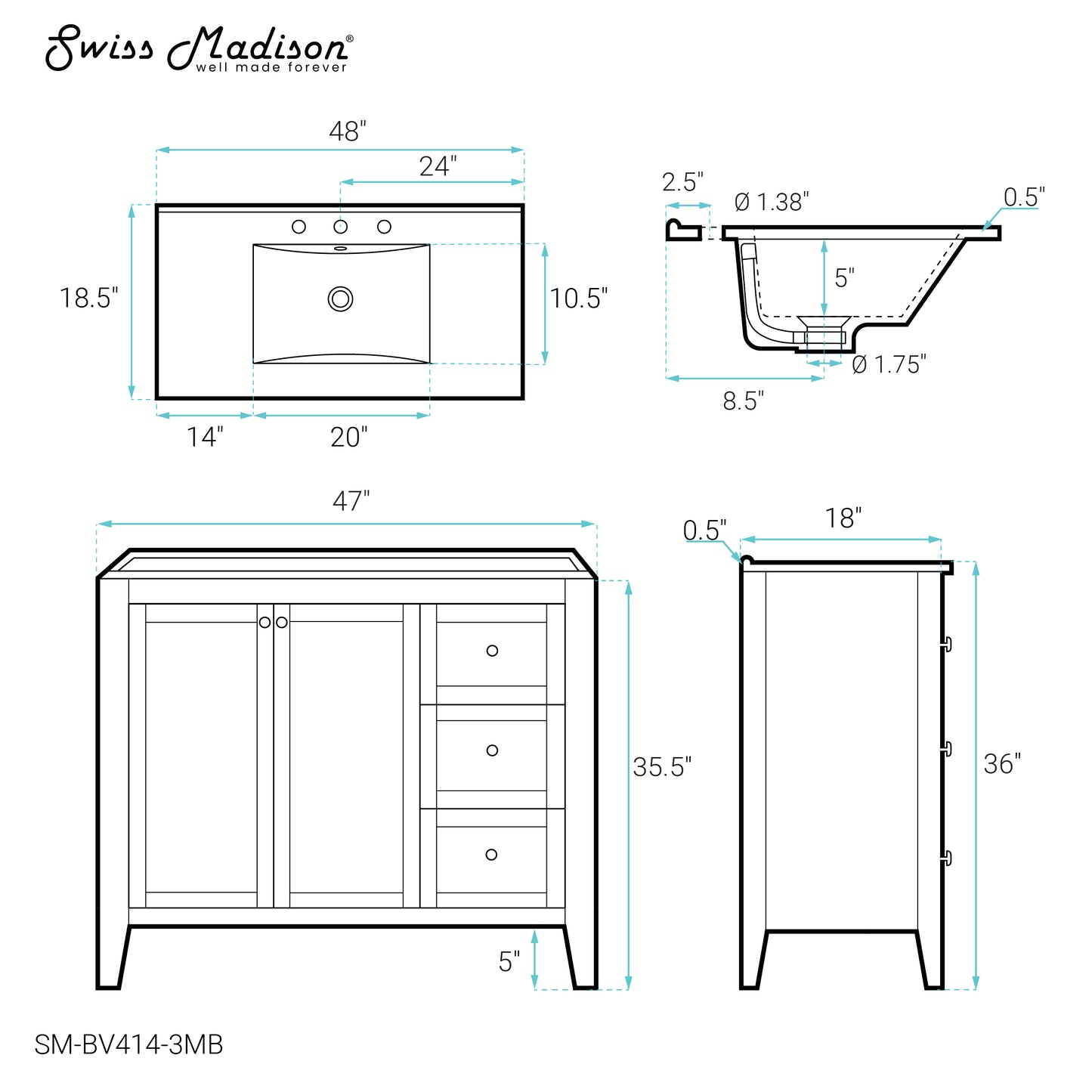 Swiss Madison, Cannes 48 in. White Bathroom Vanity With Black, 3-Hole Ceramic Sink Top