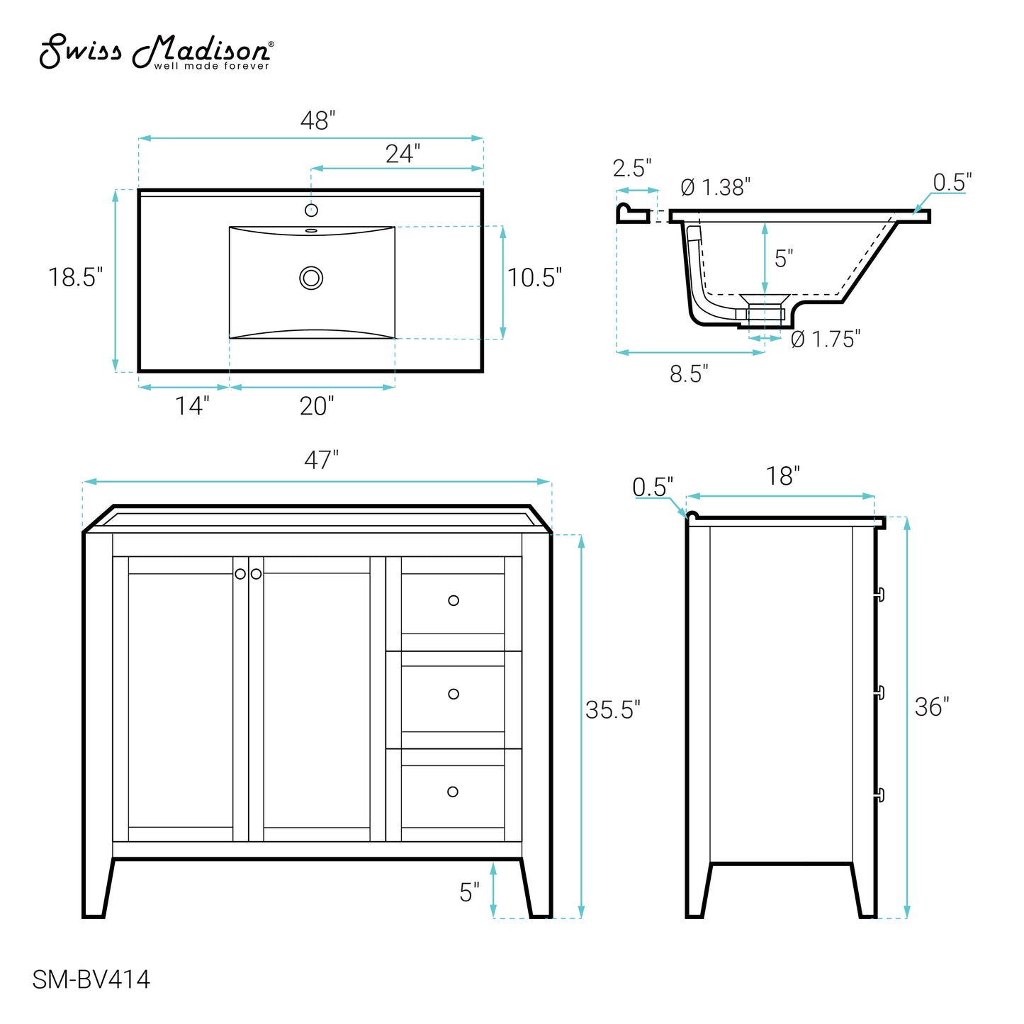 Swiss Madison, Cannes 48 Single, Two Doors, Three Drawers, Bathroom Vanity
