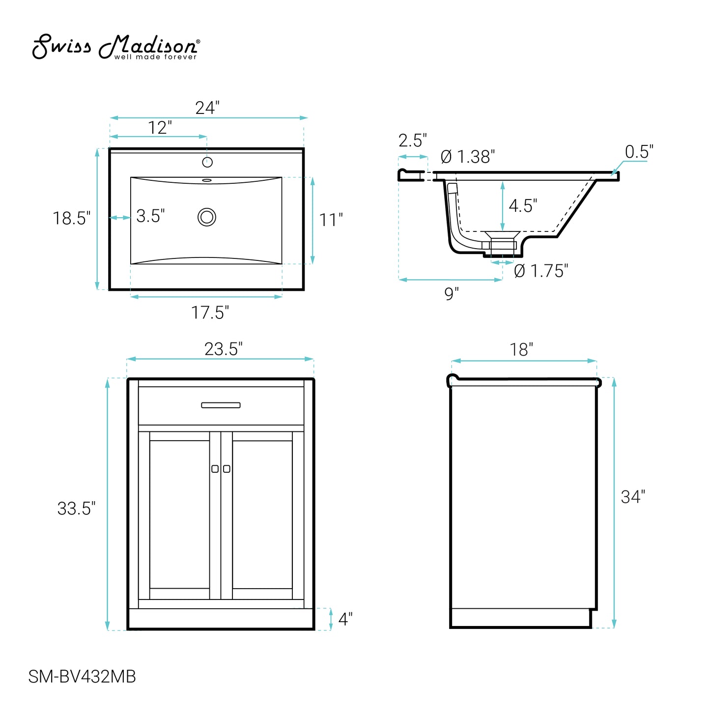 Swiss Madison, Burdon 24 in. Brown Oak Bathroom Vanity With Black Ceramic Sink Top