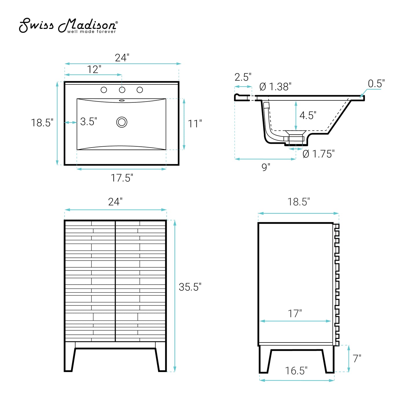 Swiss Madison, Cascade 24" Freestanding Bathroom Vanity in Green Oak with 3-Hole Widespread Sink Top
