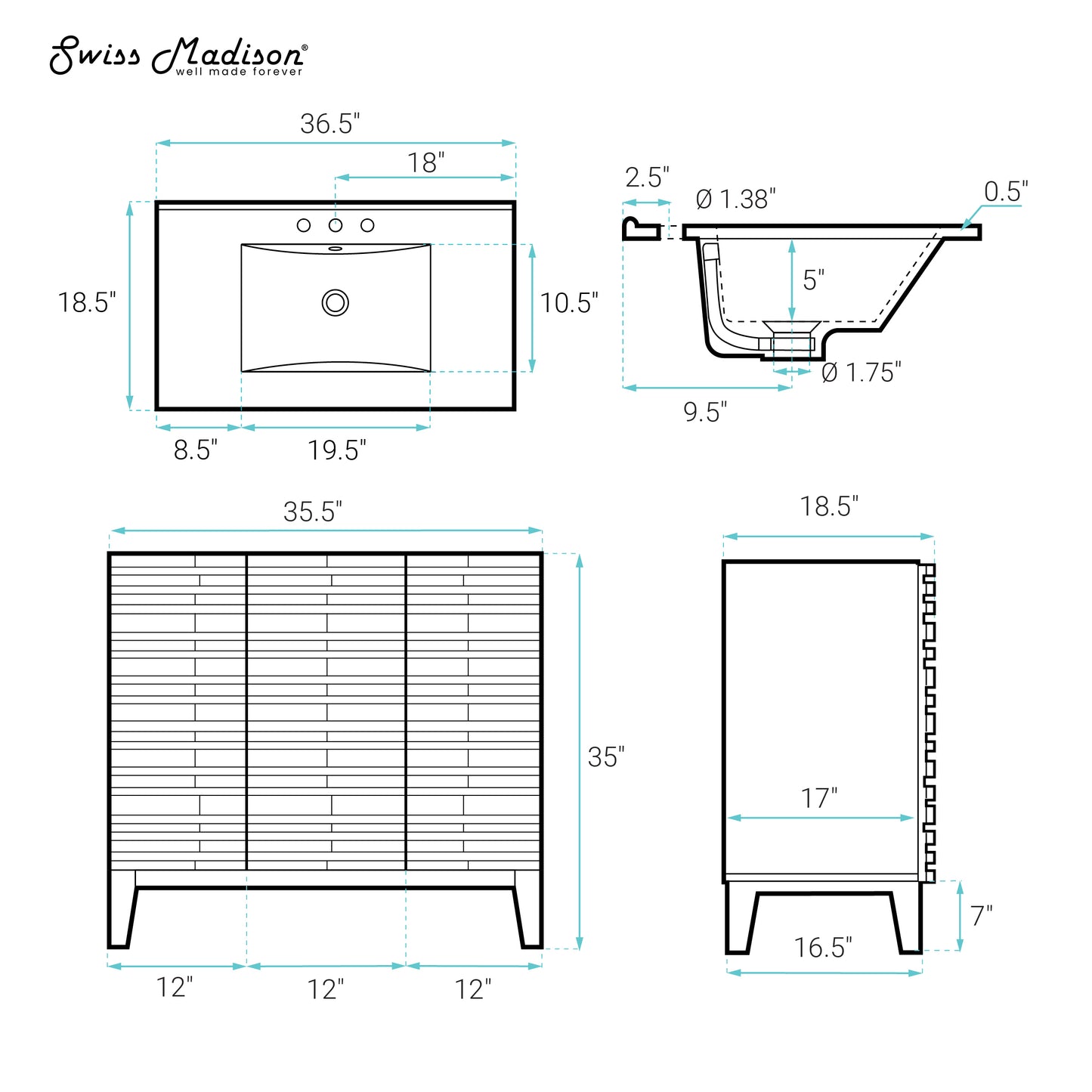 Swiss Madison, Cascade 36" Freestanding Bathroom Vanity in Green Oak with Black 3-Hole Widespread Sink Top