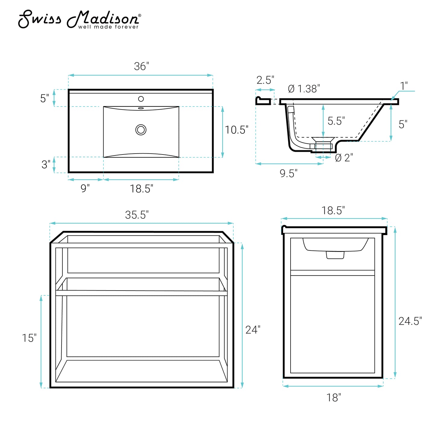 Swiss Madison, Pierre 36 Single, Metal Frame, Open Shelf, Bathroom Vanity