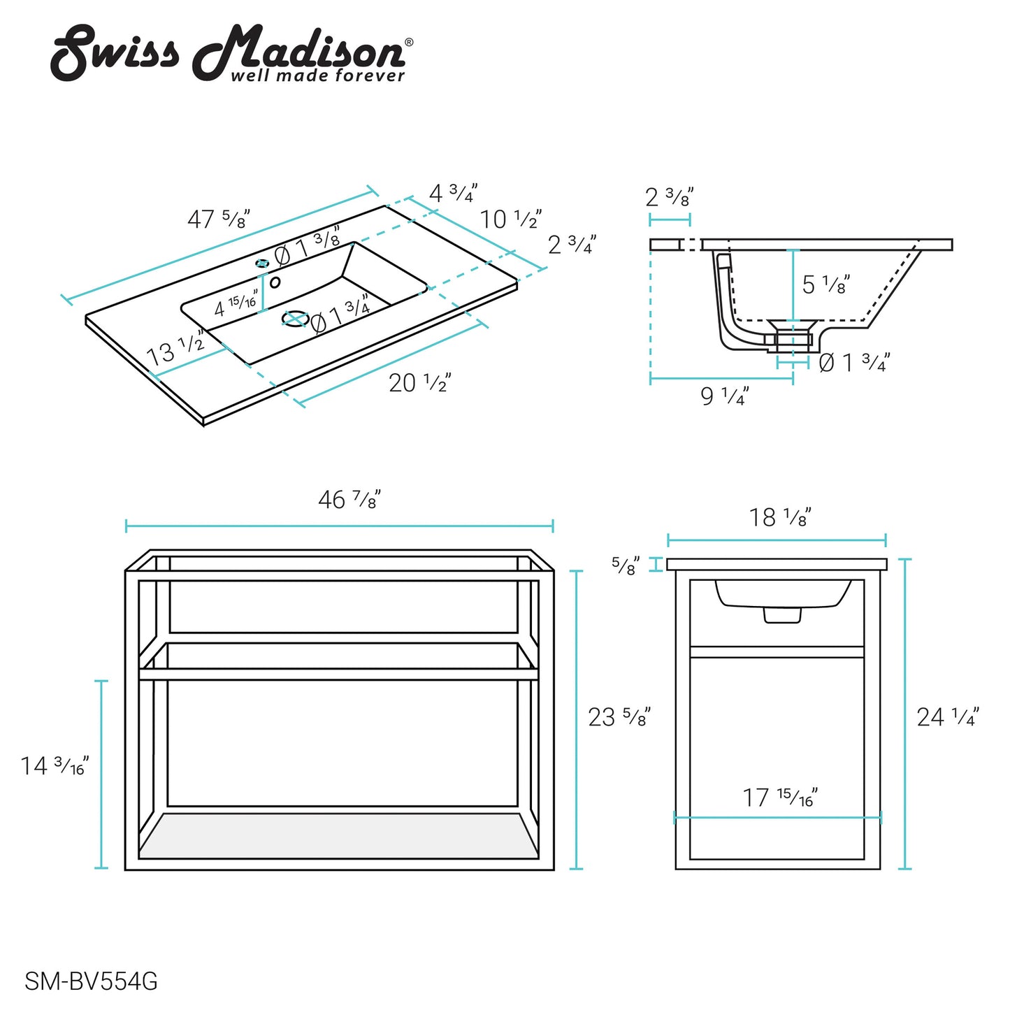 Swiss Madison, Pierre 48 Single, Open Shelf, Gold Metal Frame Bathroom Vanity