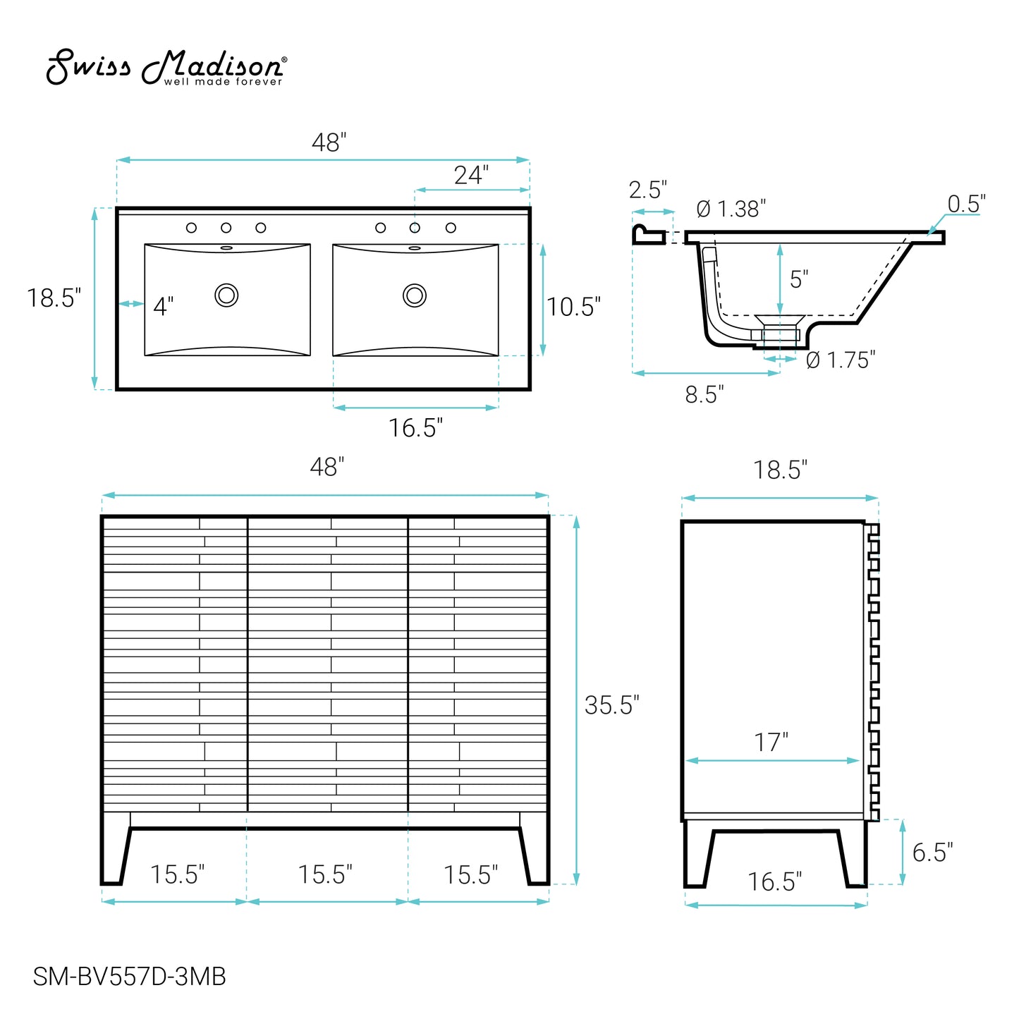 Swiss Madison, Cascade 48 in. Natural Oak, Double Basin Bathroom Vanity With Black, 3-Hole Ceramic Sink Top