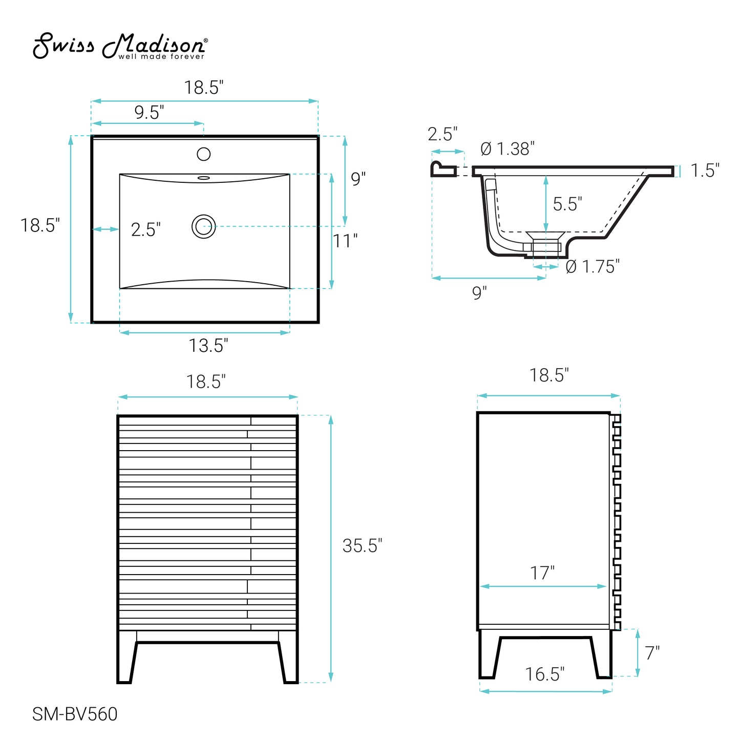 Swiss Madison, Cascade 18" Bathroom Vanity in Natural Oak