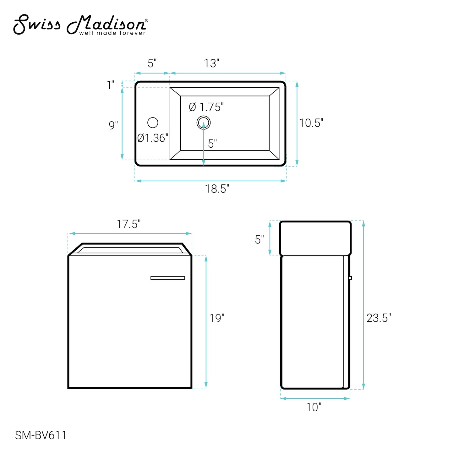 Swiss Madison, Colmer 18" Wall-Mounted Bathroom Vanity in White with Sink Top