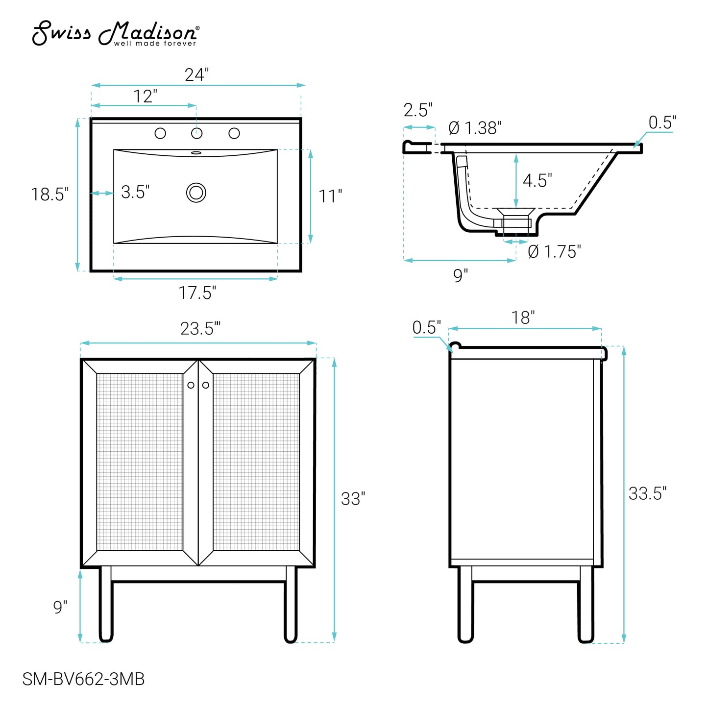 Swiss Madison, Classe 24" Freestanding Bathroom Vanity in Golden Oak with Black 3-Hole Centerset Sink Top