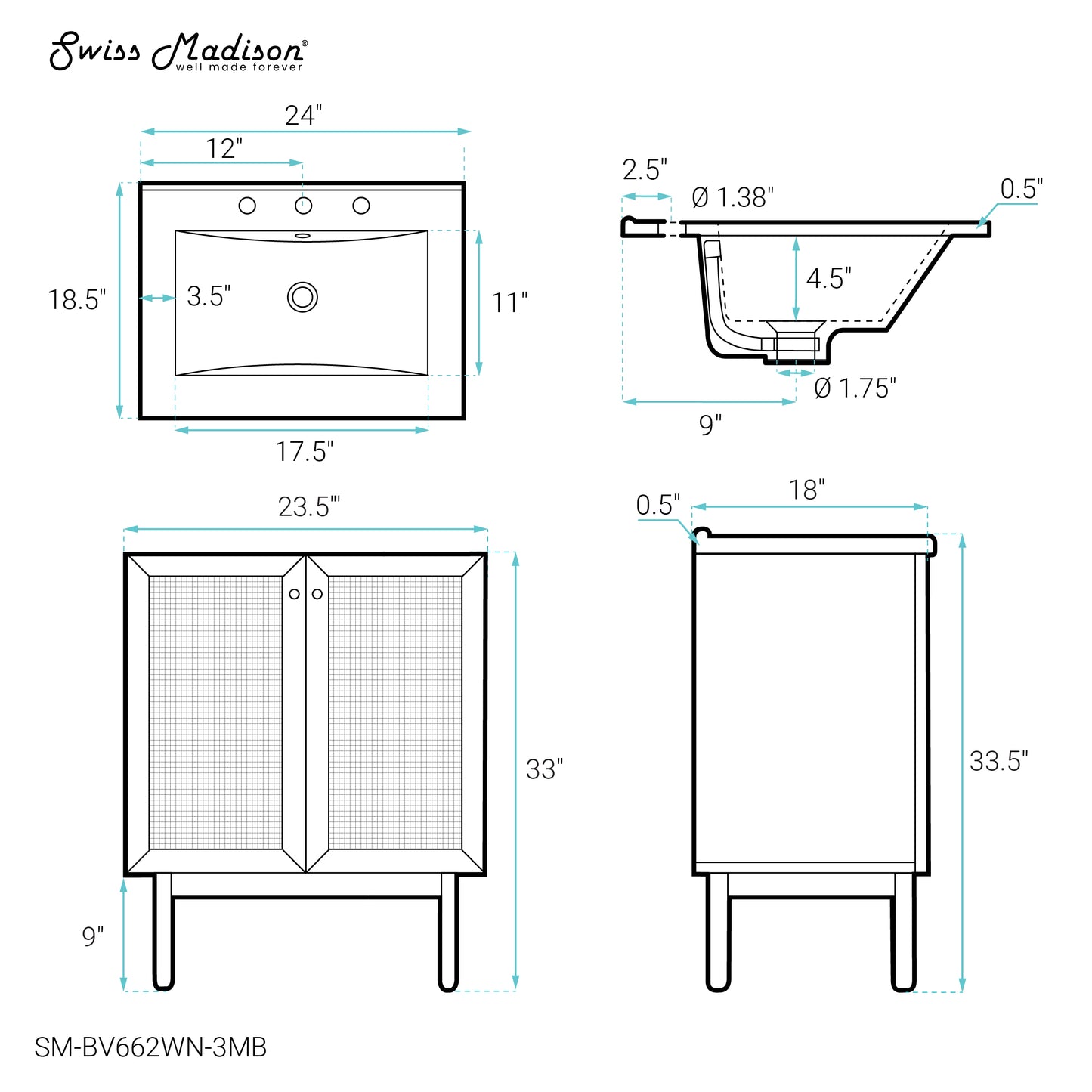 Swiss Madison, Classe 24" Freestanding Bathroom Vanity in Brown Oak with Black 3-Hole Centerset Sink Top