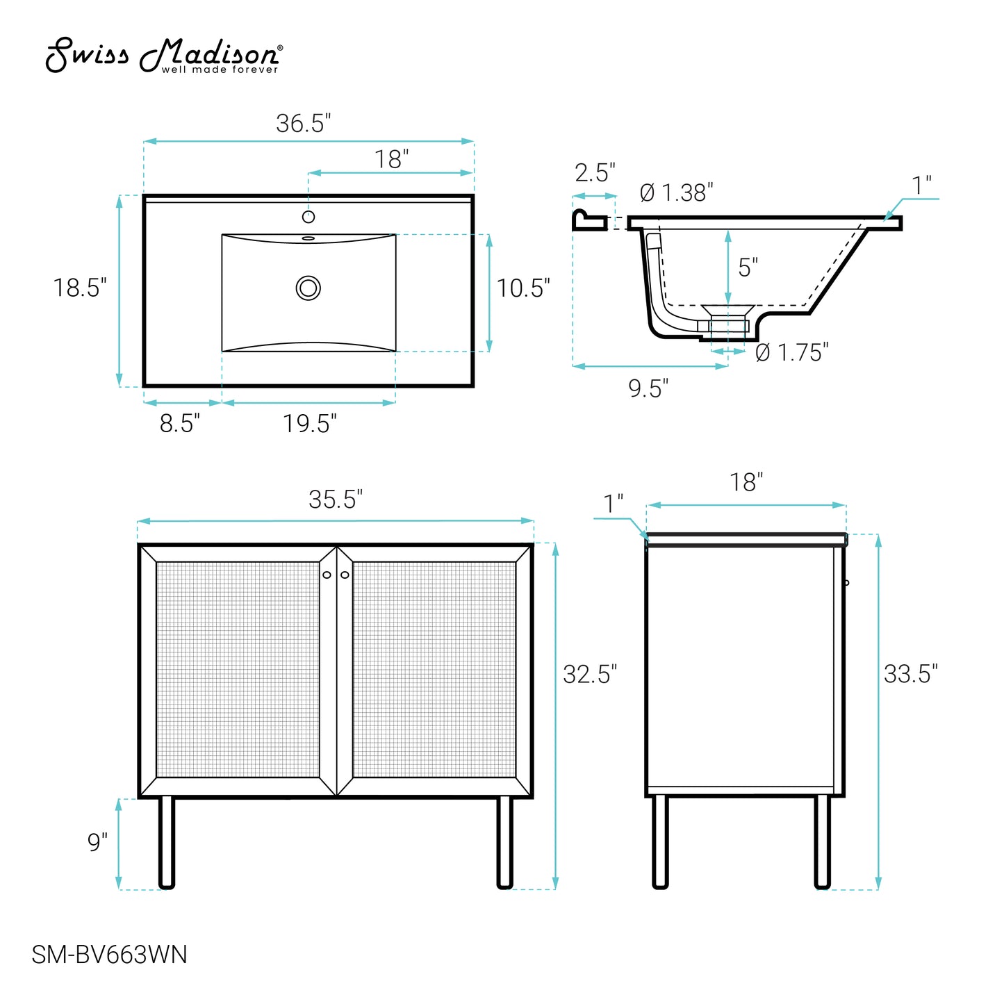 Swiss Madison, Classe 36" Freestanding Bathroom Vanity in Brown Oak with Sink Top