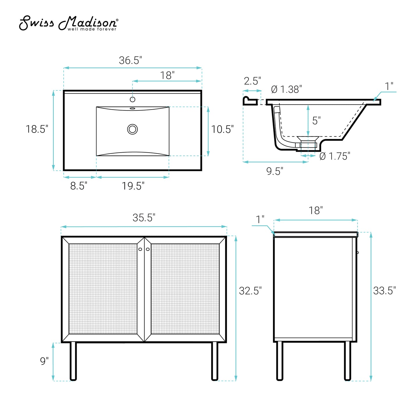 Swiss Madison, Classe 36" Freestanding Bathroom Vanity in Golden Oak with Sink Top